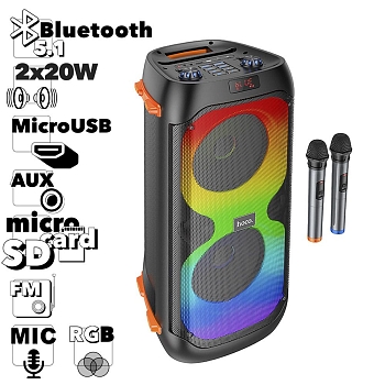Bluetooth колонка HOCO BS53 Manhattan BT5.1, 2x20W, AUX/FM/TF/USB/Караоке + 2 микрофона (черный)
