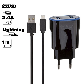 Сетевое зарядное устройство "LP" с двумя выходами USB 2.4A + кабель Apple 8-pin Classic Plus (черный, коробка)
