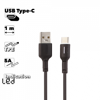 USB кабель Earldom EC-071C Type-C, 5А, LED, 1м, TPE (черный)