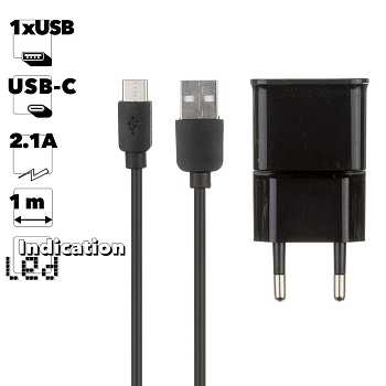 Сетевое зарядное устройство "LP" с выходом USB 2.1A + кабель USB Type-C (черный, европакет)