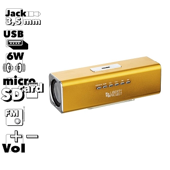 Портативная колонка "LP" K-101 Золото (Металл+3, 5 мм+USB+microSD+заменяемый АКБ+FM радио) (коробка)