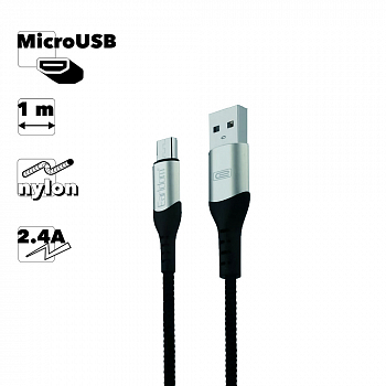 USB кабель Earldom EC-107M MicroUSB, 2.4А, 1м, нейлон (черный)