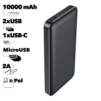 Внешний аккумулятор Borofone BJ3 Minimalist 10000mAh, 2хUSB, 2A, LED, Li-Pol (черный)