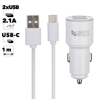 Автомобильное зарядное устройство "LP" с двумя USB выходами 2.1А + USB кабель USB Type-C Barrel Series (белый, коробка)