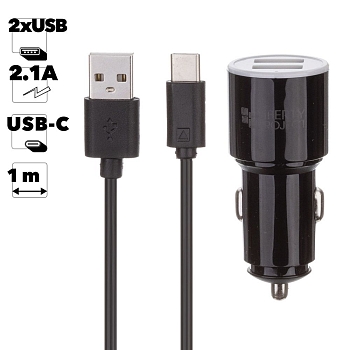 Автомобильное зарядное устройство "LP" с двумя USB выходами 2.1А + USB кабель USB Type-C Barrel Series (черный, коробка)