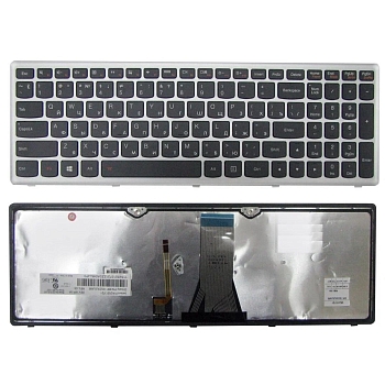 Клавиатура для ноутбука Lenovo IdeaPad Flex 15, G500S, G505S, S500, S510, Z510, черная, рамка серебрянная, с подсветкой