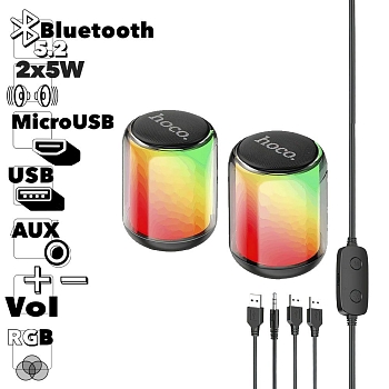 Bluetooth колонка HOCO BS56 Colorful BT5.2, 2x5W, AUX/USB, RGB, громкость +/- (черный)
