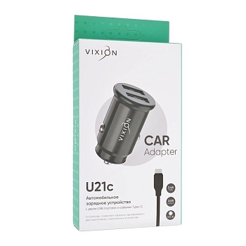 Автомобильное зарядное устройство U21c (2-USB/2.4A) + Type-C кабель кабель, 1м короткий блок, черный (Vixion)