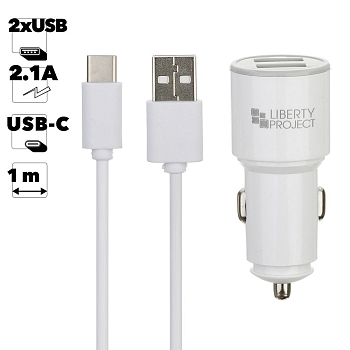 Автомобильное зарядное устройство "LP" с двумя USB выходами 2.1А + USB кабель USB Type-C Barrel Series (белый, европакет)