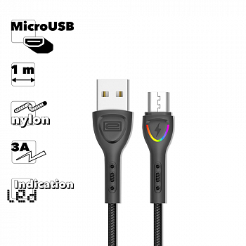 USB кабель Earldom EC-117M MicroUSB, 3А, LED, 1м, нейлон (черный)