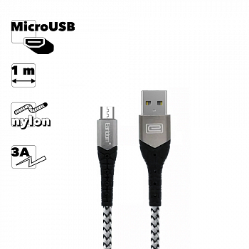 USB кабель Earldom EC-076M MicroUSB, 3А, 1м, нейлон (белый/черный)