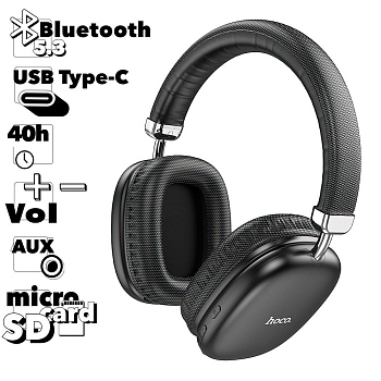 Bluetooth гарнитура HOCO W35 BT5.3, AUX/microSD/Type-C, накладная, громкость +/- (черный)
