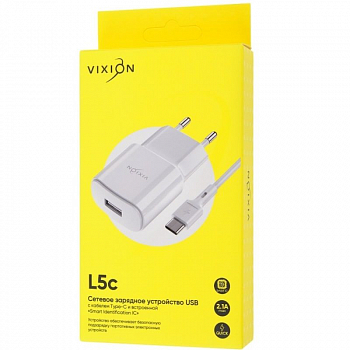Сетевое зарядное устройство Vixion L5c (1-USB/2.1A) + Type-C кабель, 1м, белый