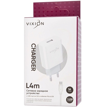 Сетевое зарядное устройство L4m (1-USB/1A) + MicroUSB кабель, 1м, белый (Vixion)
