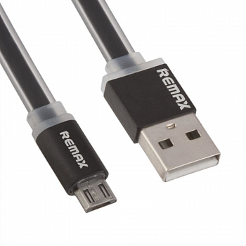 USB кабель REMAX MicroUSB, плоский, с золотым коннектором, пластиковые разьемы, 1м, TPE (черный)